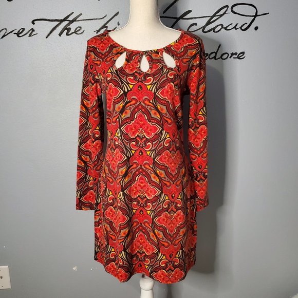 Aryeh 60s Retro Orange Patterned A-Line Dress, S - Picture 1 of 7
